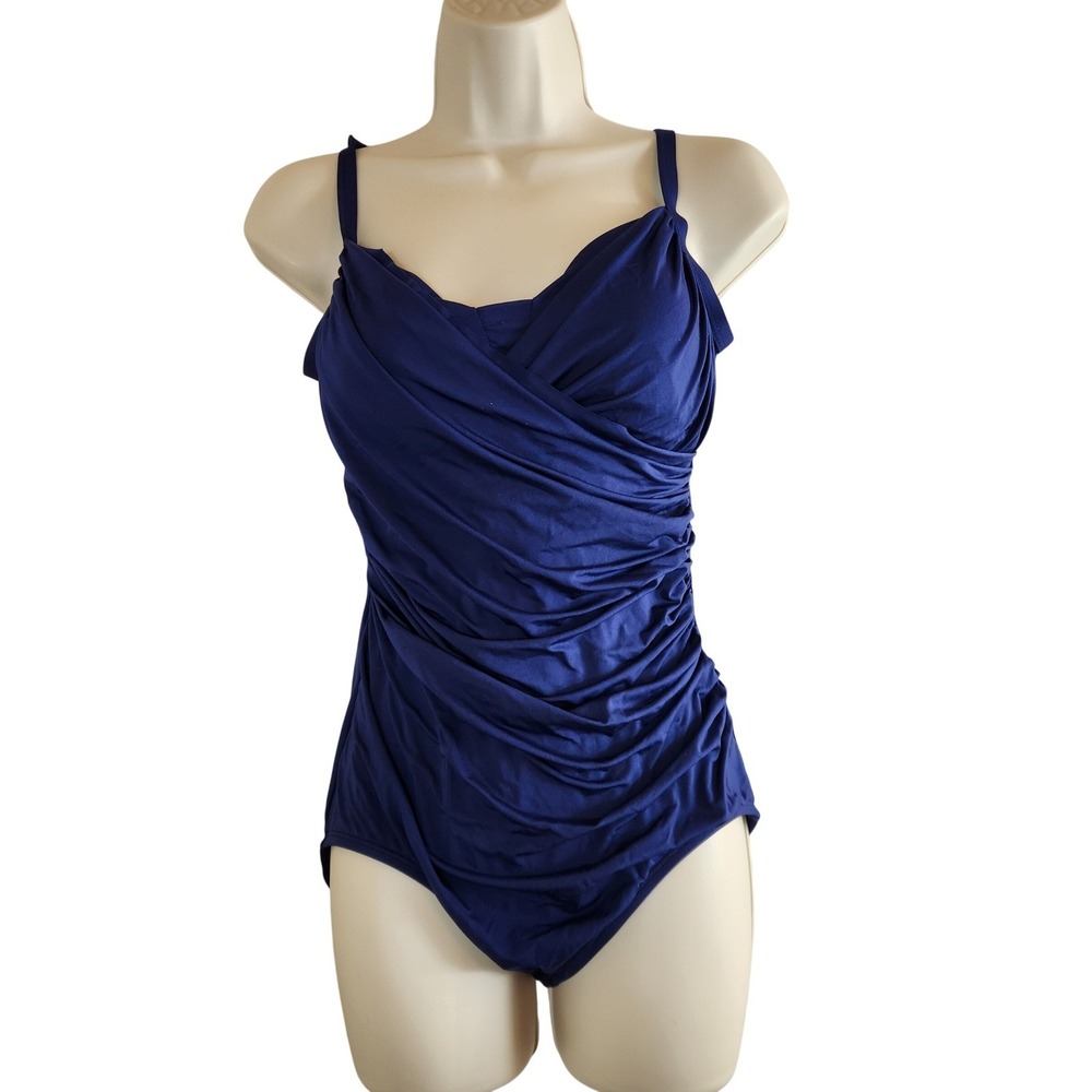 Jantzen Womens Solid Blue Ruched One Piece Swimsuit Size L - Picture 8 of 9